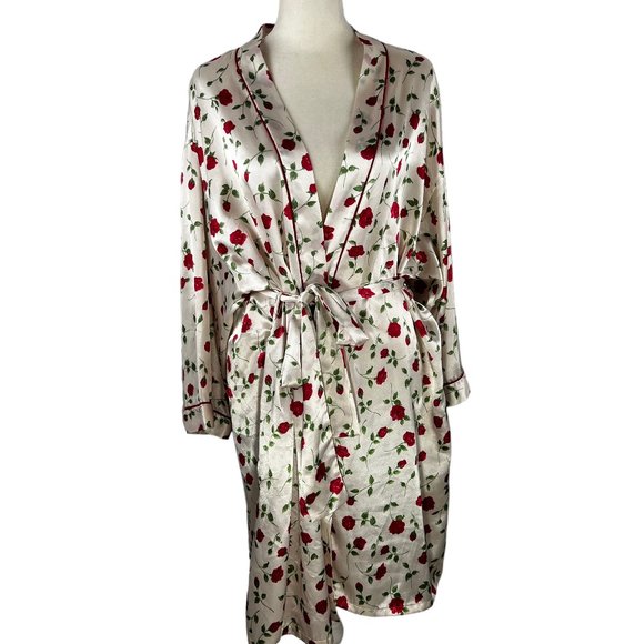 Natori Other - Like new JOSIE NATORI Kimono Style Cream Satin-Like Red Rose Print Robe …